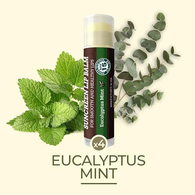 SPF Lip Balm 4-Pack by Earth's Daughter - Lip Sunscreen, SPF 15, Organic Ingredients, Eucalyptus Mint Flavor, Beeswax, Coconut Oil, Vitamin E - Hypoallergenic, Paraben Free, Gluten Free-Velvo Beauty