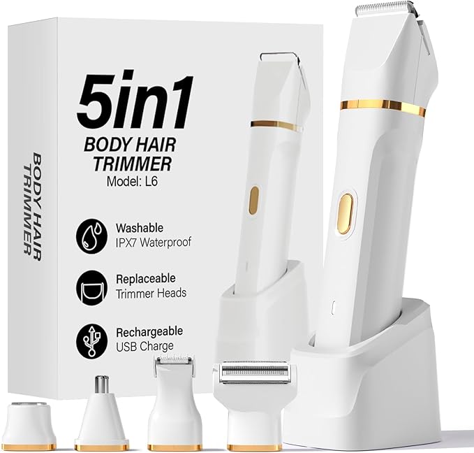 Bikini Trimmer for Women - 5 in 1 Electric Razors for Ladys Pubic Facial Nose Body Leg Hair Removal, Waterproof Electric Shaver for Women Private Area Sensitive Skin, Personal Hair Trimmer-Velvo Beauty