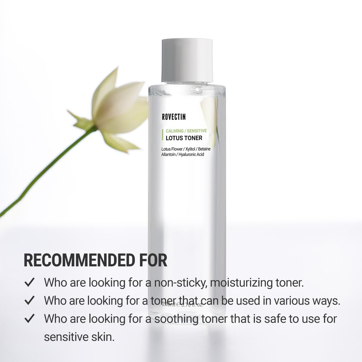 ROVECTIN Calming Lotus Water Toner - pH4.7 Extra Soothing and Hydrating for Trouble Care | 40% Lotus Flower Extract for Purifying | Hyaluronic Acid, Alcohol-Free, Vegan, K-Beauty (6.76 fl. oz, 200ml)-Velvo Beauty