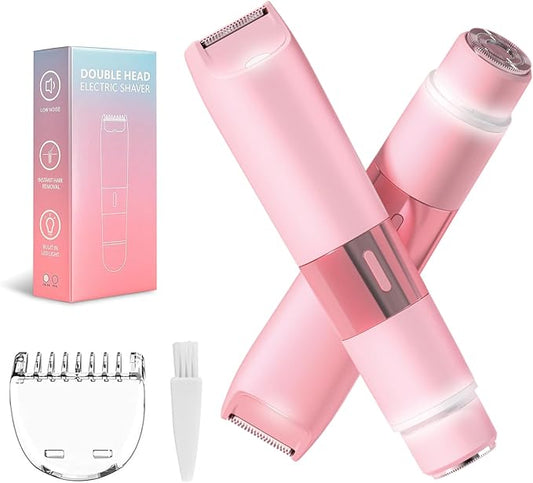 Bikini Trimmer for Women - 2 in 1 Painless Electric Razors for Women, IPX7 Waterproof Rechargeable LED Dual Head Electric Shaver for Lady Bikini Underarm, Body, Leg, Face Hair Remove - Pink-Velvo Beauty