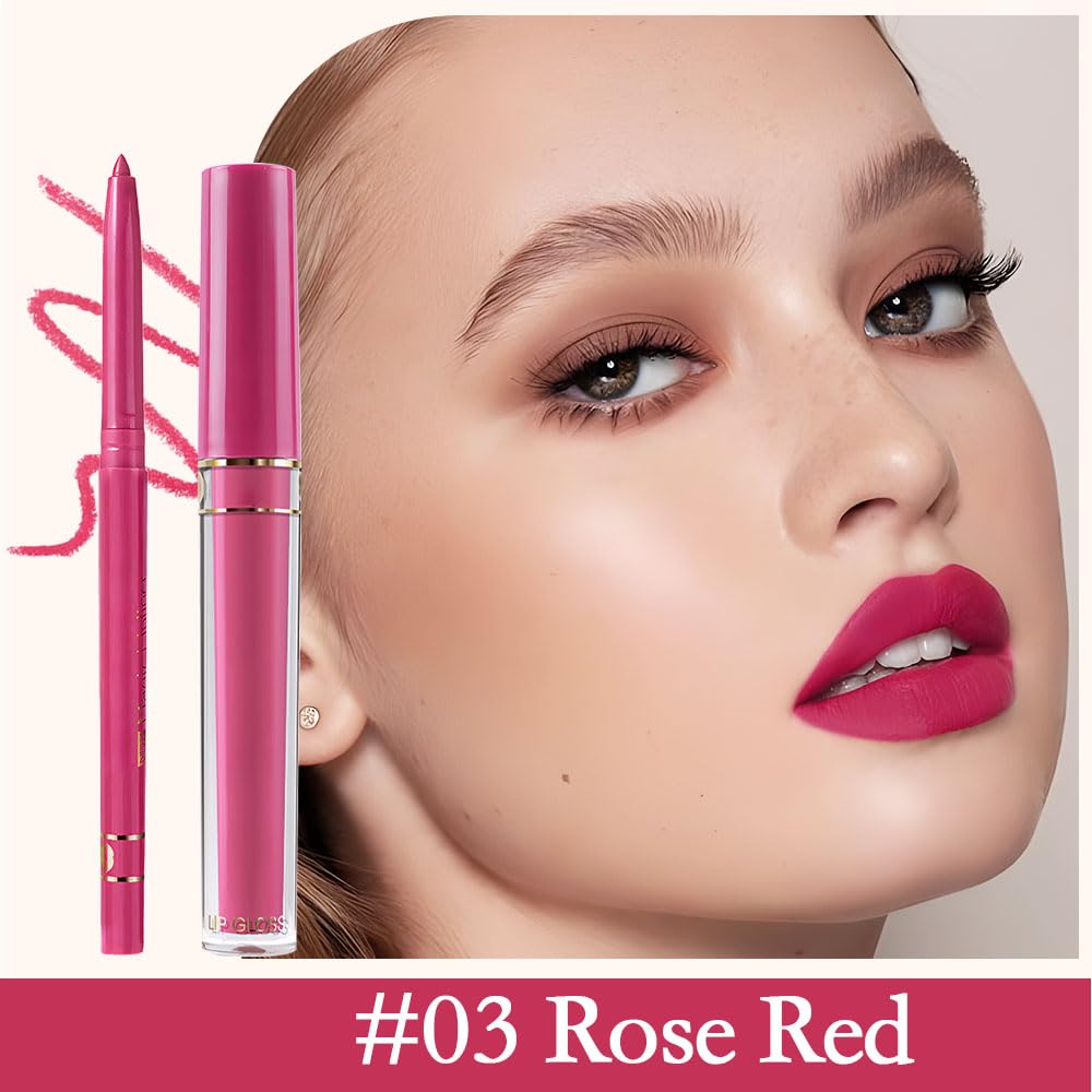 evpct 2Pcs Rose Red Matte Lip Liner and Lipstick Lip Gloss Pencils Makeup Set Kit for Women Long Lasting Waterproof-Velvo Beauty