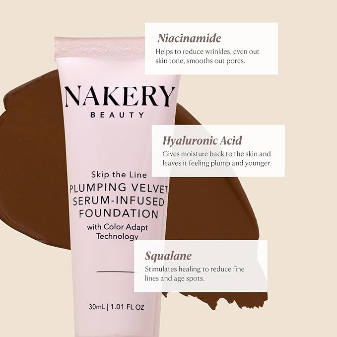 Nakery Full Coverage Plumping Liquid Foundation - Serum Infused Makeup with Niacinamide & Hyaluronic Acid for All Skin Types - Medium-Velvo Beauty