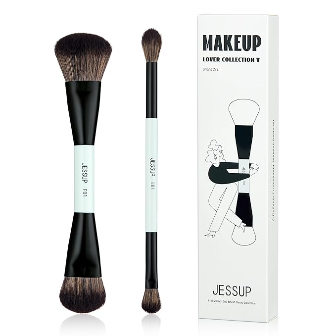 Jessup Makeup Brushes 2pcs Double Sided Foundation Brush Contour Brush Dual Ended Eye Blending Brush, Multi-functional Cosmetic Brush Bright Cyan T502-Velvo Beauty