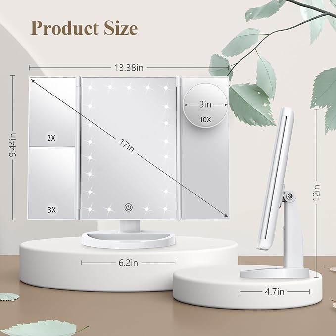 HUONUL Makeup Mirror Vanity Mirror with Lights, 2X, 3X, 10X Magnification, Touch Control, Trifold, White, 9.4" L x 13.4" W, Modern Style, Dresser Mount, Bathroom-Velvo Beauty