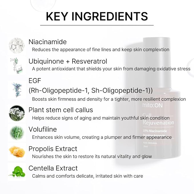 Mito-on Cell Rejuvenation Anti-Aging Serum, 30ml / 1.01 fl.oz –10% Niacinamide, Vitamin B3 and Antioxidants, Centella + EGF for Anti-Aging, Wrinkle Reduction, Pore minimization, Korean Skin Care-Velvo Beauty