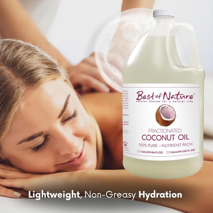 Best of Nature 100% Pure Fractionated Coconut Oil - Liquid MCT Massage & Body Oil, Unscented Moisturizer for Hair, Skin, Face, Aromatherapy Carrier for Essential Oils, Half Gallon (64 fl oz)-Velvo Beauty