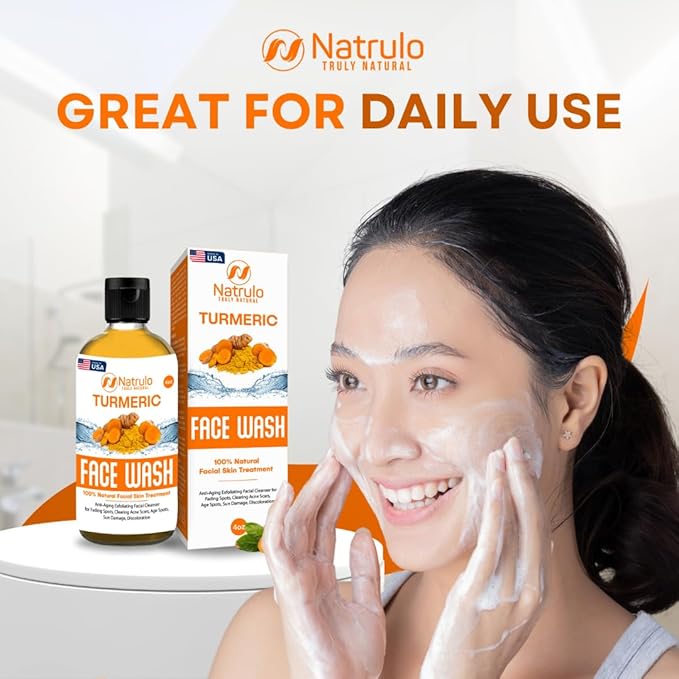 Natrulo Turmeric Face Wash, 4oz Clear Skin Liquid Soap – 100% Natural Anti Aging Exfoliating Turmeric Facial Cleanser for Fading Spots, Clearing Acne Scars, Age Spots, Sun Damage, Discoloration-Velvo Beauty