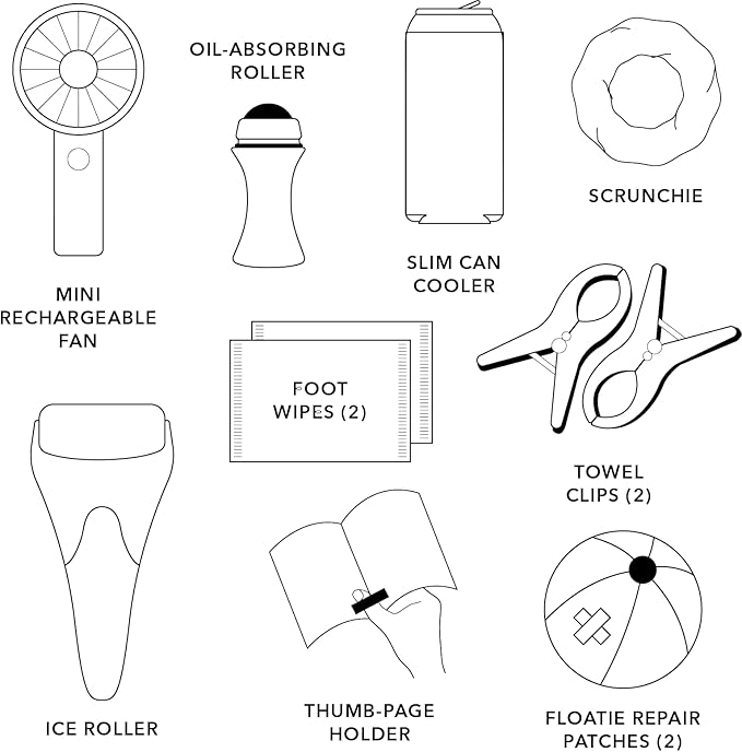 Pinch Provisions Super Summer Jelly Tote, 12 Beach & Poolside Accessories For Beauty, Perfect for Pool & Beach Days, Includes Oil Absorbing Roller, Rechargable Fan, Towel Clips, & Ice Roller-Velvo Beauty