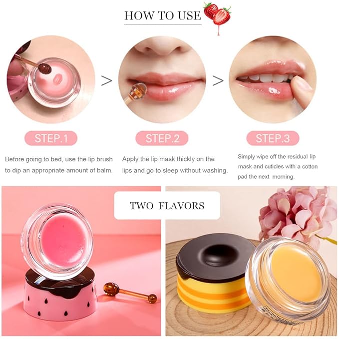 Bee Lip Balm Honey Pot, 2 PCS Strawberry & Honey Hydrating Prevention Dry and Cracked Lip Scrubs Exfoliator, Propolis Moisturizing Lip Sleep Mask Reduces Lip Lines, Lip Exfoliating Honey Bee Lip Mask-Velvo Beauty
