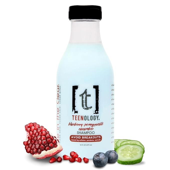 Teenology Shampoo for Teens - Avoid Forehead and Body Breakouts - No Sulfates or Parabens, Noncomedogenic, Natural Botanical Extracts, 16 oz. (Blueberry Pomegranate Cucumber)-Velvo Beauty
