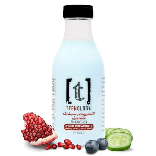 Teenology Shampoo for Teens - Avoid Forehead and Body Breakouts - No Sulfates or Parabens, Noncomedogenic, Natural Botanical Extracts, 16 oz. (Blueberry Pomegranate Cucumber)-Velvo Beauty
