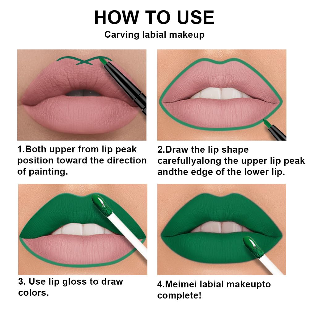 evpct 3Pcs Green Matte Shimmer Lip Liner & Liquid Lipsticks Stain Makeup Set for Women, Green Lip Liner Stain Long Lasting Waterproof Smudge Proof, Cruelty Free Lip Sticks Makeup 24 hours originales-Velvo Beauty