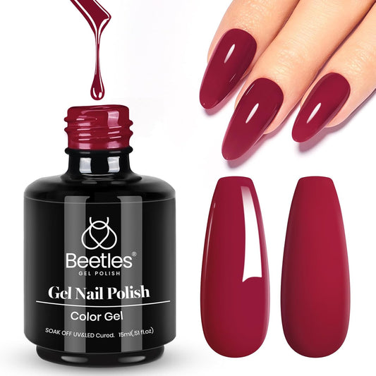 Beetles Red Gel Nail Polish, 1 Pcs 15ml Wine Red Burgundy Soak Off Gel Polish Nail Art Manicure Salon DIY Fall Design Decoration Home Uv Nail Lamp Needed-Velvo Beauty
