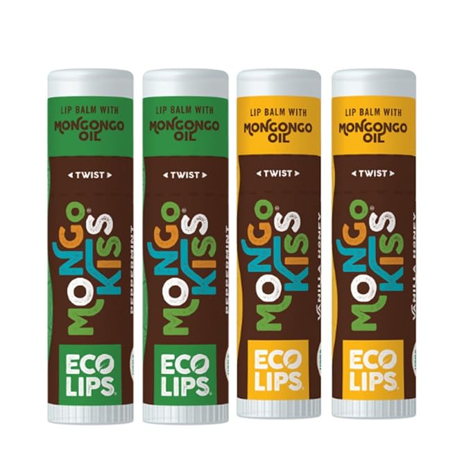 Eco Lips Mongo Kiss Organic Lip Balm 4 Pack - 100 Percent USDA Organic - Soothe, Moisturize Dry, Cracked and Chapped Lips - Made in USA (Peppermint & Vanilla Honey)-Velvo Beauty