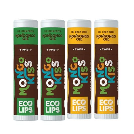 Eco Lips Mongo Kiss Organic Lip Balm 4 Pack - 100 Percent USDA Organic - Soothe, Moisturize Dry, Cracked and Chapped Lips - Made in USA (Peppermint & Vanilla Honey)-Velvo Beauty
