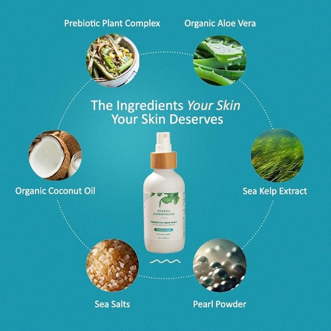 Akasha Prebiotic Skin Mist 3.4oz I Organic Facial Mist, Sea Kelp Extract, Face Spray for Naturally Restoring the Skins Microbiome, Dewy, Help Acne, Psoriasis & Sunburn*, Anti Aging Skin Care Products-Velvo Beauty