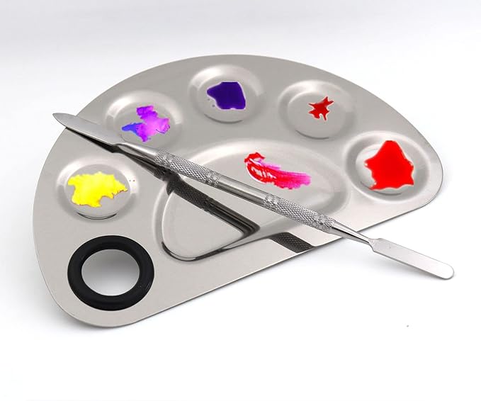 semicircle Makeup Palette Stainless Steel 6-dents Nail-art Cosmetic Artist Mixing Palette with 6 Inches Spatula Tool-Velvo Beauty