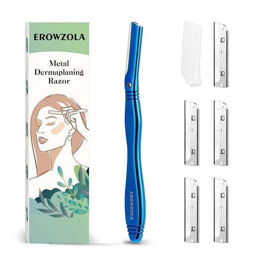 Dermaplane Razor for Women Face with 6 Refill Blades, Dermaplaning Tool Face Razors for Removes Facial Hair, Peach Fuzz, Reusable Metal Handle Eyebrow Razor (Blue)-Velvo Beauty