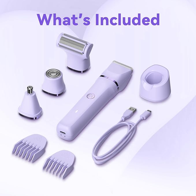 Electric Razors for Women - 4 in 1 Bikini Trimmer for Women, Waterproof Body Pubic Shaver for Womens Wet & Dry Use, Replaceable Facial & Nose Hair Trimmer, Rechargeable Hair Removal Kit, Purple-Velvo Beauty
