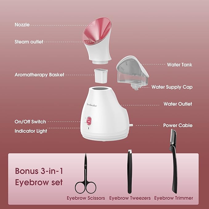 Newbealer 2in1 Facial Steamer, Hot Mist Facial Aromatherapy Humidifier Atomizer, Large Face Steamer Unclogs Pores Sinuses Moisturizing, Home Sauna Spa with Eyebrow Set (Red, 170ml)-Velvo Beauty