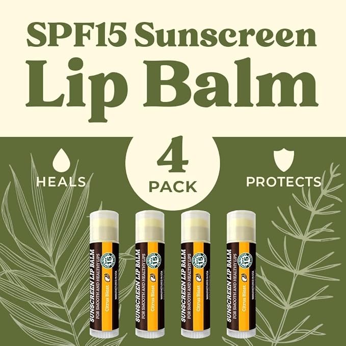 SPF Lip Balm 4-Pack by Earth's Daughter - Lip Sunscreen, SPF 15, Organic Ingredients, Citrus Flavor, Beeswax, Coconut Oil, Vitamin E - Hypoallergenic, Paraben Free, Gluten Free-Velvo Beauty