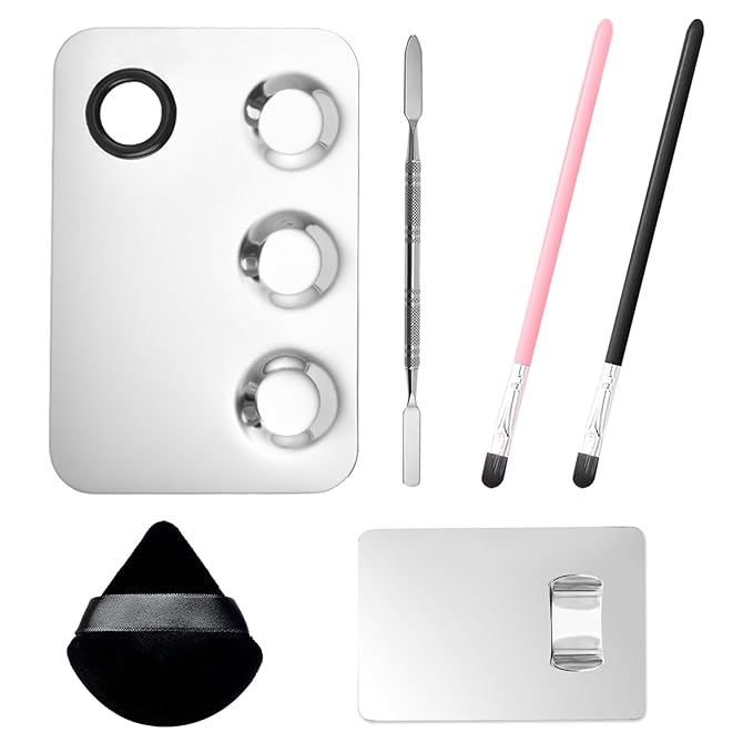 Stainless Steel Cosmetic Palette with Spatula, 3-well Mixing Makeup Palette and 3-dents Nail-art Mixer Metal Tray, also Fine Eyeliner Brush and Powder Puffs .Professional Makeup Palette with Spatula-Velvo Beauty
