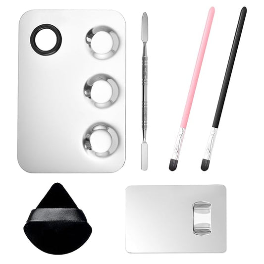 Stainless Steel Cosmetic Palette with Spatula, 3-well Mixing Makeup Palette and 3-dents Nail-art Mixer Metal Tray, also Fine Eyeliner Brush and Powder Puffs .Professional Makeup Palette with Spatula-Velvo Beauty