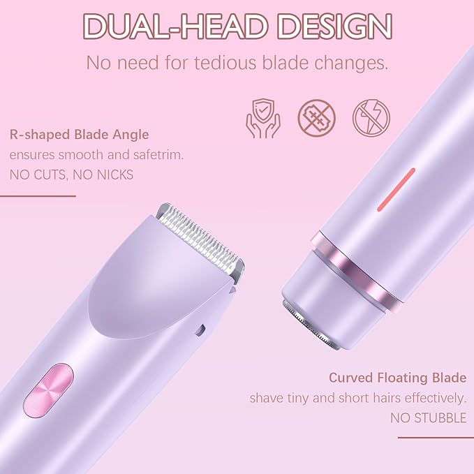 Bikini Trimmer for Women, 2 in 1 Dual-Head Electric Shaver for Women Pubic Hair, Waterproof Wet/Dry Use Body Hair Trimmer and Face Razors, Rechargeable Hair Removal for Bikini Legs Face Underarm Arm-Velvo Beauty