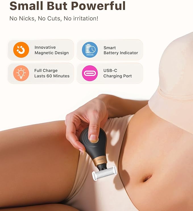 Mini Bikini Trimmer for Women - Intimate Pubic Hair Removal, Electric Body Groomer, Small Portable Wet/Dry Shaver, Magnetic Blade, USB-C Rechargeable with Travel Case, Easy to Clean (Black)-Velvo Beauty