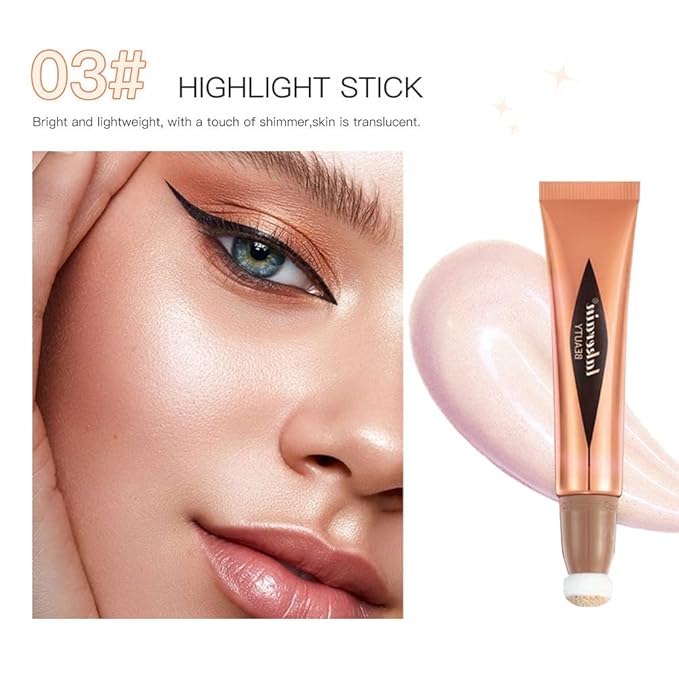 Go Ho Liquid Highlighter Wand,White Pink Highlighter Makeup Stick with Cushion Applicator,Smooth Creamy Liquid Highlighter Blendable Glowing Face Illuminator Contouring Makeup,03# Highlighter Makeup-Velvo Beauty