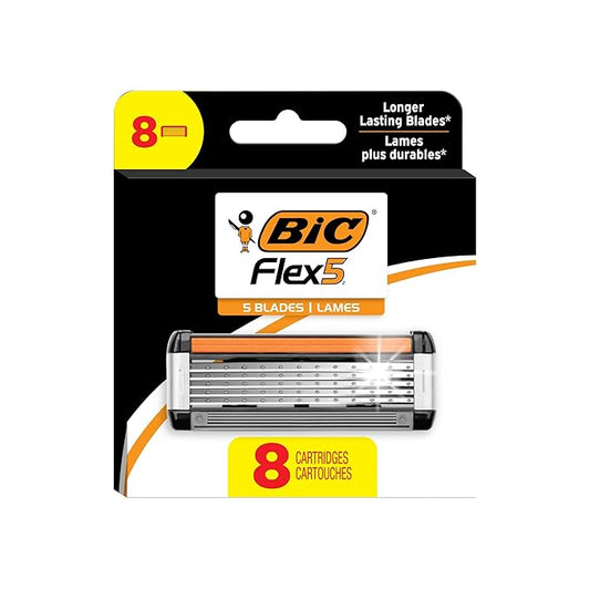 BIC Flex 5 Refillable Refill Razor Cartridges for Men, Long-Blade Razors for a Smooth and Comfortable Shave, 8 Refill Cartridges-Velvo Beauty