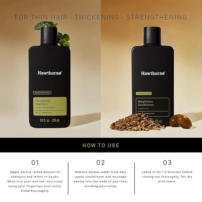 Hawthorne Men's Thickening Shampoo and Conditioner Hair Set. Includes Thickening Shampoo and Weightless Conditioner. Sulfate Free, Paraben Free. 8 Fl Oz Each.-Velvo Beauty