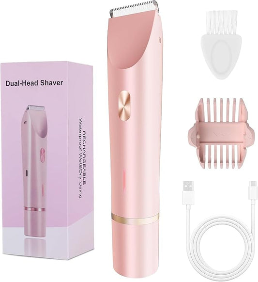 2-in-1 Bikini Trimmer for Women, Bikini Shaver with Dual Heads, Painless Body and Facial Hair Removal, Rechargeable Cordless Electric Razors for Face Chin Pubic Underarm Legs, IPX7 Waterproof, Pink-Velvo Beauty