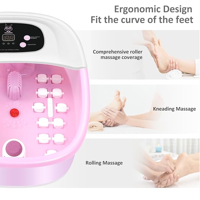 Foot Spa Bath Massager with Heat Bubbles and Vibration Massage and Jets, 16 OZ Calming Lavender Foot Soak Epsom Salt, Foot Soaker with Red Light, 22 Massage Rollers, Adjustable Temp - Pink-Velvo Beauty