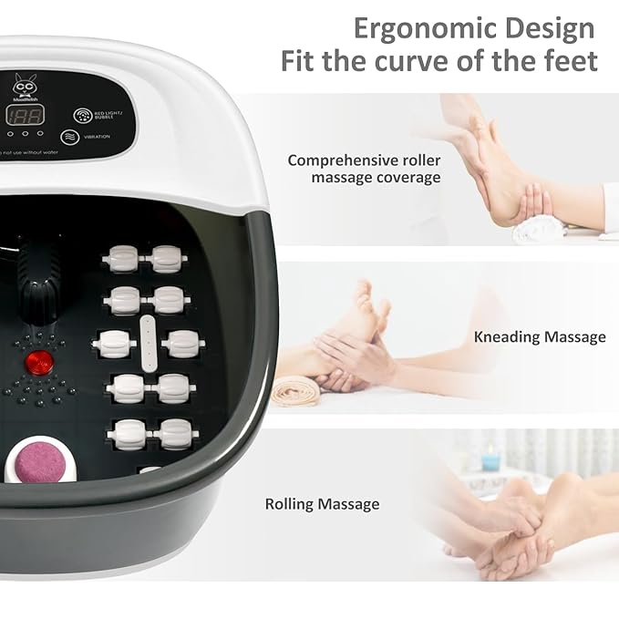 Foot Spa Bath Massager with Heat Bubbles and Vibration Massage and Jets, 16 OZ Calming Lavender Foot Soak Epsom Salt, MoodRelish Foot Soaker with Red Light, 22 Massage Rollers, Adjustable Temp - Black-Velvo Beauty