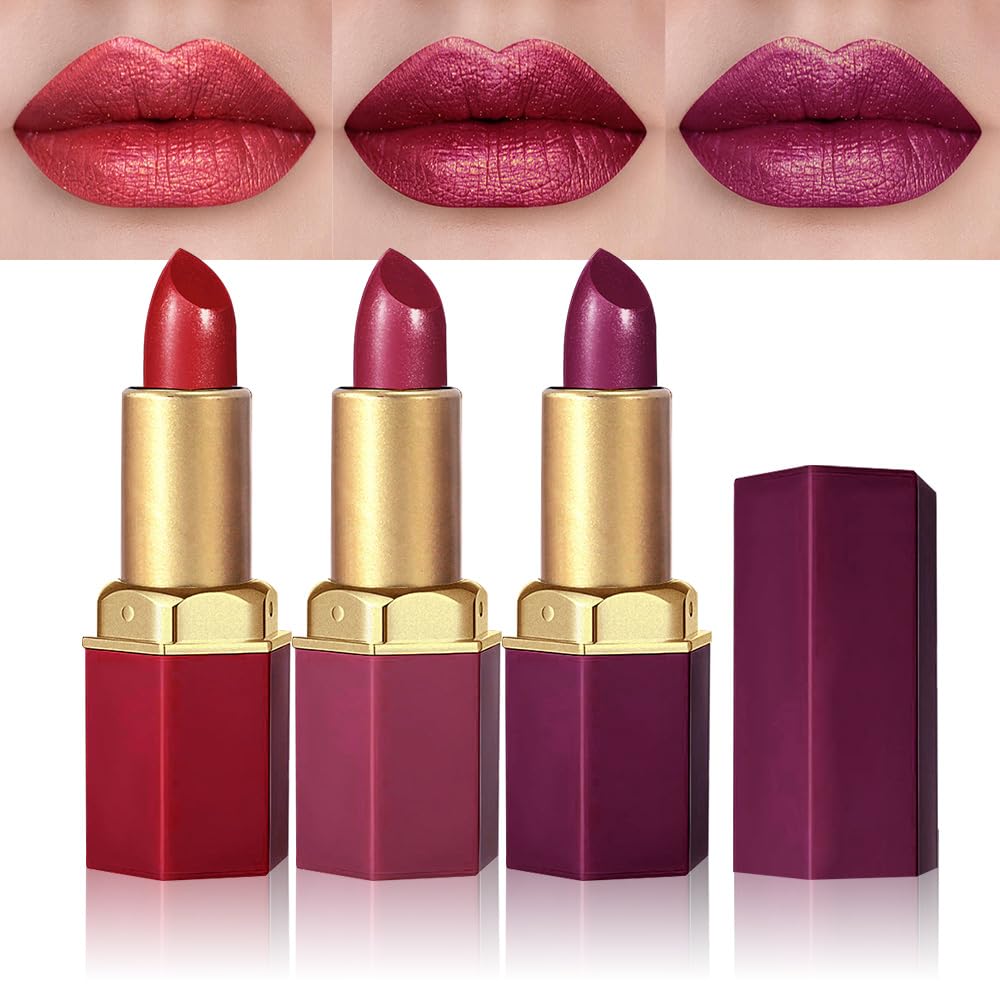 3Pcs Metallic Lipstick for Women,Lightweight Shimmer Frosted Lipstick,Glitter Lip Gloss Stain Long Lasting Waterproof Smudge Proof 24 Hour Full Coverage Lip Makeup,Vegan(10,11,12)-Velvo Beauty