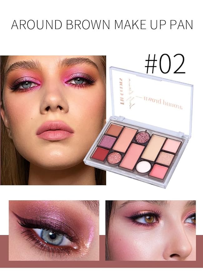 12 Colors Pink Eyeshadow Palette, Mini All in One Blush, Eyebrow & Eye Makeup Kit, Highly Pigmented Matte & Shimmer Shades, Big Artist Comprehensive Facial Makeup, Travel Friendly (02)-Velvo Beauty