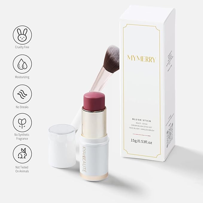 Blush Stick, Cream Blush for Cheeks and Lip Tint, Dewy Finish, Buildable & Blendable Color, Lightweight & Long-Lasting Formula| Rosemary-Mauve & Angled Blush Brush(0.53fl.oz)-Velvo Beauty