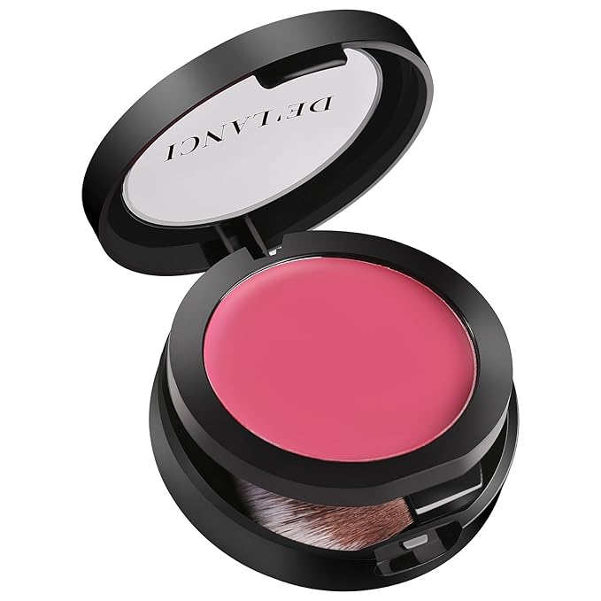 DE'LANCI Soft Cream Blush, Intense Color Pay off Putty Blush for Cheeks, Long Lasting Natural Look Rouge for Dark Skin, Blendable Pinkness Flush Korean Blush with Mirror and Brush,No Greasy (ROSE 02#)-Velvo Beauty