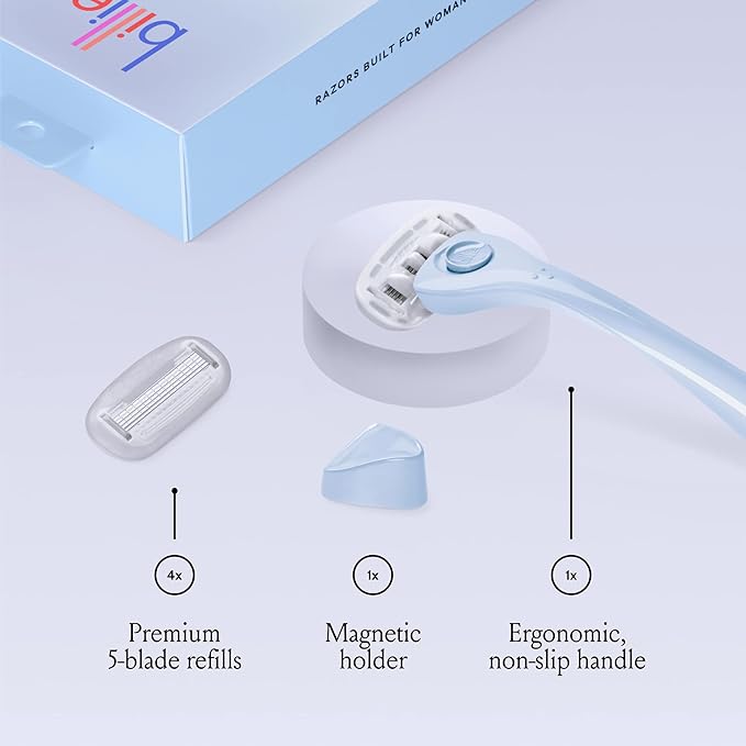 Billie Razors for Women Shave Kit – Women’s Razor + 4 x 5-Blade Razor Refills + Magnetic Holder – Cool Blue-Velvo Beauty