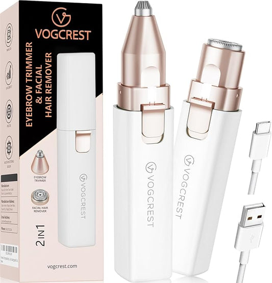 VOGCREST Hair Trimmer, 2 in 1 Facial Hair Remover & Eyebrow Trimmer for Women - Rechargeable, Portable, LED Light (White)-Velvo Beauty
