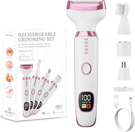 Electric Razor for Women, 4-in-1 Bikini Trimmer & Body Shaver for Nose Hair Face Eyebrow Arms Legs Armpit Underarm Pubic Area, Rechargeable Wet/Dry Painless Hair Removal-Velvo Beauty