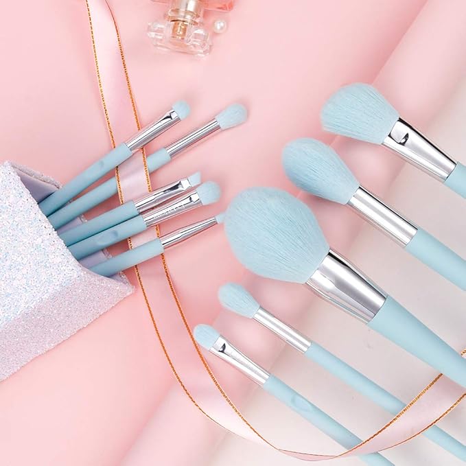 DUcare Makeup Brushes with Holder - 10Pcs Professional Synthetic Make Up Brushes Set for Blush Concealer Foundation Bronzer Powder Eyebrow Contour Eyeshadow Blending Makeup Brush Set, Ice Lake Blue-Velvo Beauty