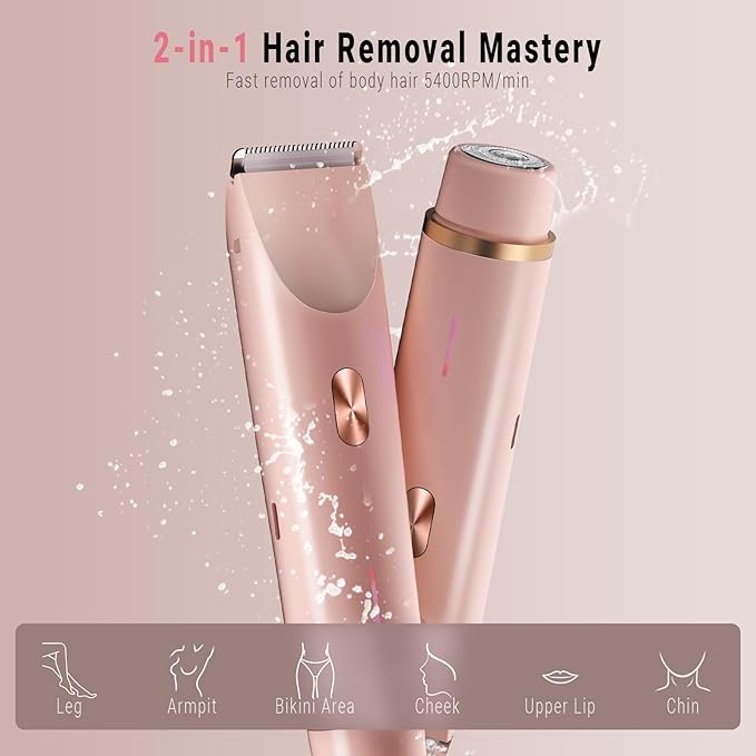 2-in-1 Bikini Trimmer for Women, Bikini Shaver with Dual Heads, Painless Body and Facial Hair Removal, Rechargeable Cordless Electric Razors for Face Chin Pubic Underarm Legs, IPX7 Waterproof, Pink-Velvo Beauty