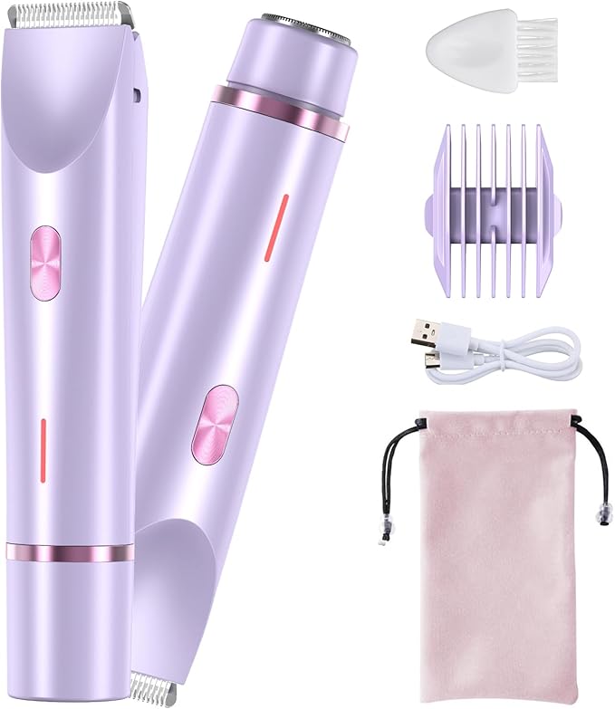 Bikini Trimmer for Women, 2 in 1 Dual-Head Electric Shaver for Women Pubic Hair, Waterproof Wet/Dry Use Body Hair Trimmer and Face Razors, Rechargeable Hair Removal for Bikini Legs Face Underarm Arm-Velvo Beauty