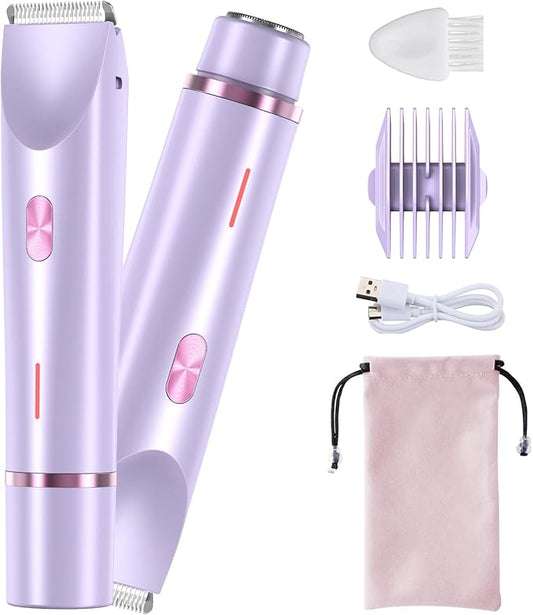 Bikini Trimmer for Women, 2 in 1 Dual-Head Electric Shaver for Women Pubic Hair, Waterproof Wet/Dry Use Body Hair Trimmer and Face Razors, Rechargeable Hair Removal for Bikini Legs Face Underarm Arm-Velvo Beauty