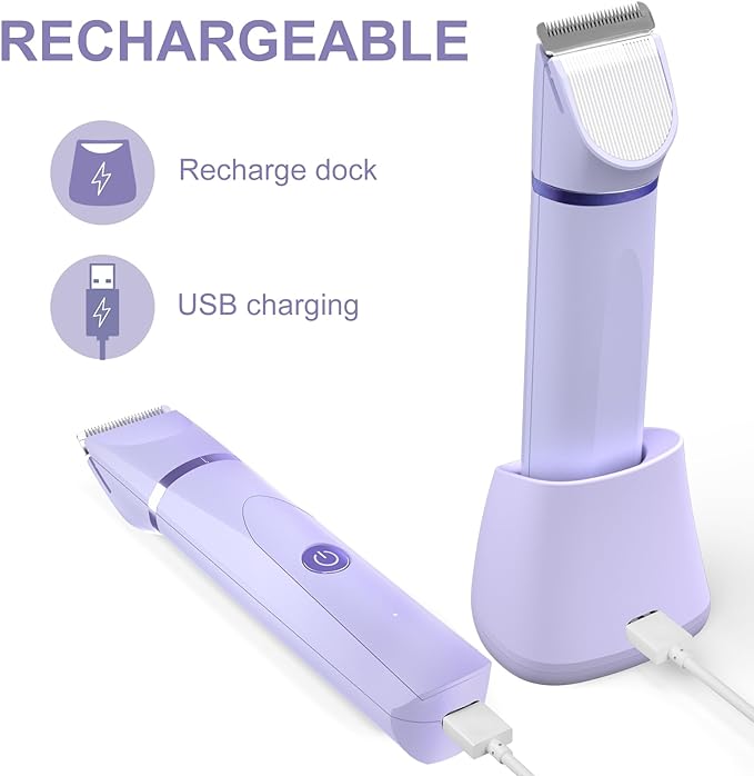 OLOV Electric Body Hair Trimmer - Groin Trimmer for Men - Bikini Trimmer Women - Wet/Dry Shaver Groomer, Replaceable Ceramic Blade Heads, USB Recharge Dock, Waterproof Hygiene Razor,Purple-Velvo Beauty
