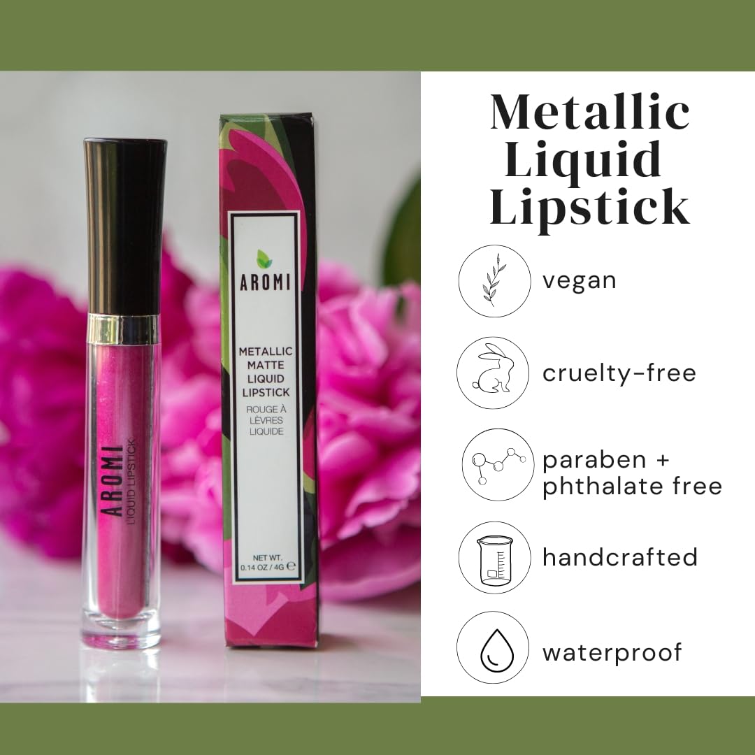 Aromi Hot Pink Metallic Liquid Lipstick | Magenta Lip Color with Shimmery Finish, Vegan, Cruelty-free, Long-Lasting and Smudge Proof (Fab Flamingo)-Velvo Beauty