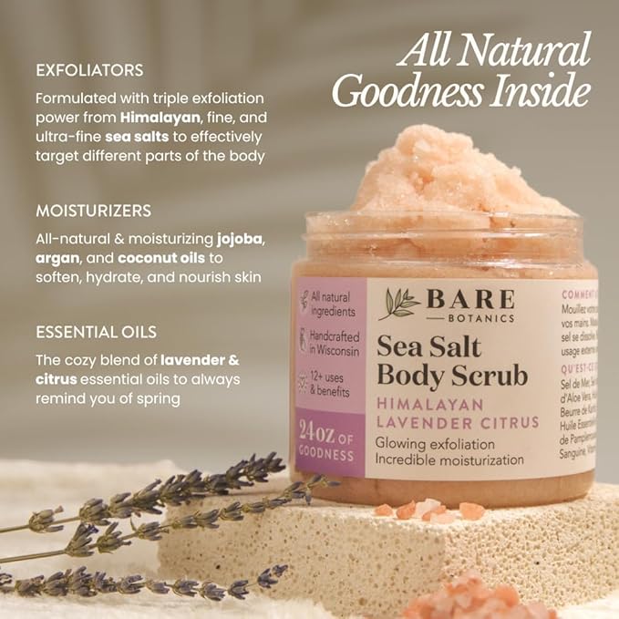 Bare Botanics Lavender Grapefruit Body Scrub 24 oz - Naturally Scented Himalayan Salt Scrub Made in Madison WI - Formulated w/Skin Loving Moisturizers - Cruelty Free Exfoliator w/a Cute Wooden Spoon-Velvo Beauty