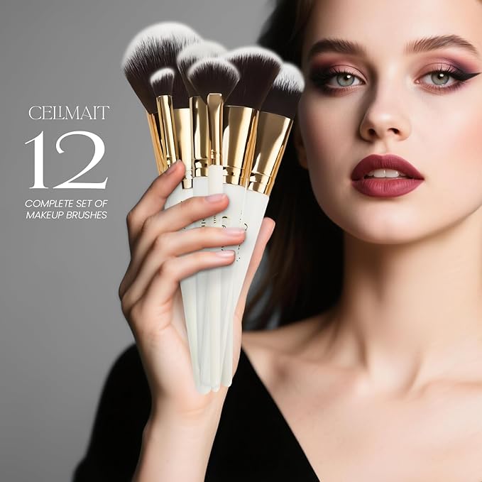 Makeup Brushes Set 12 Piece Professional & Beginner Friendly, Soft Synthetic Bristles for Face Eyeshadow Blending, Easy to Clean Travel Ready with Case, Ergonomic Wooden Handle Hypoallergenic (White)-Velvo Beauty